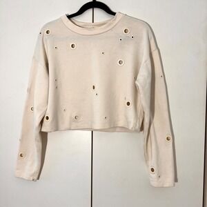 Alo Yoga Sweatshirt‎ Women S Cream Grommet Eyelet Cropped Activewear Pullover